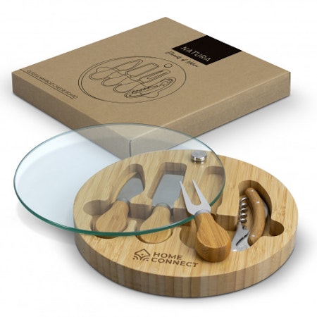Serving Board - NATURA Glass & Bamboo Cheese Board Set  - 5 Piece - Laser Engraving 68mm x 20mm